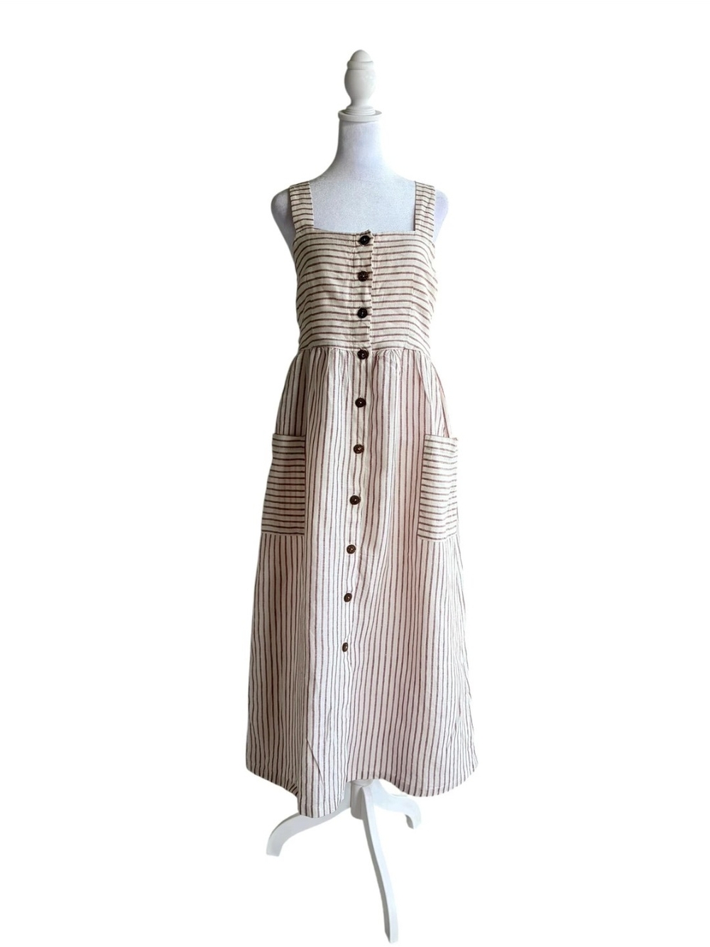 100% LINEN Striped Button-Front Linen Dress